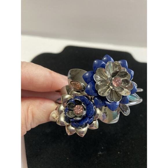 Antique Silver Cuff Bracelet With Beautiful Navy And Silver With Pink Stones - Picture 1 of 5